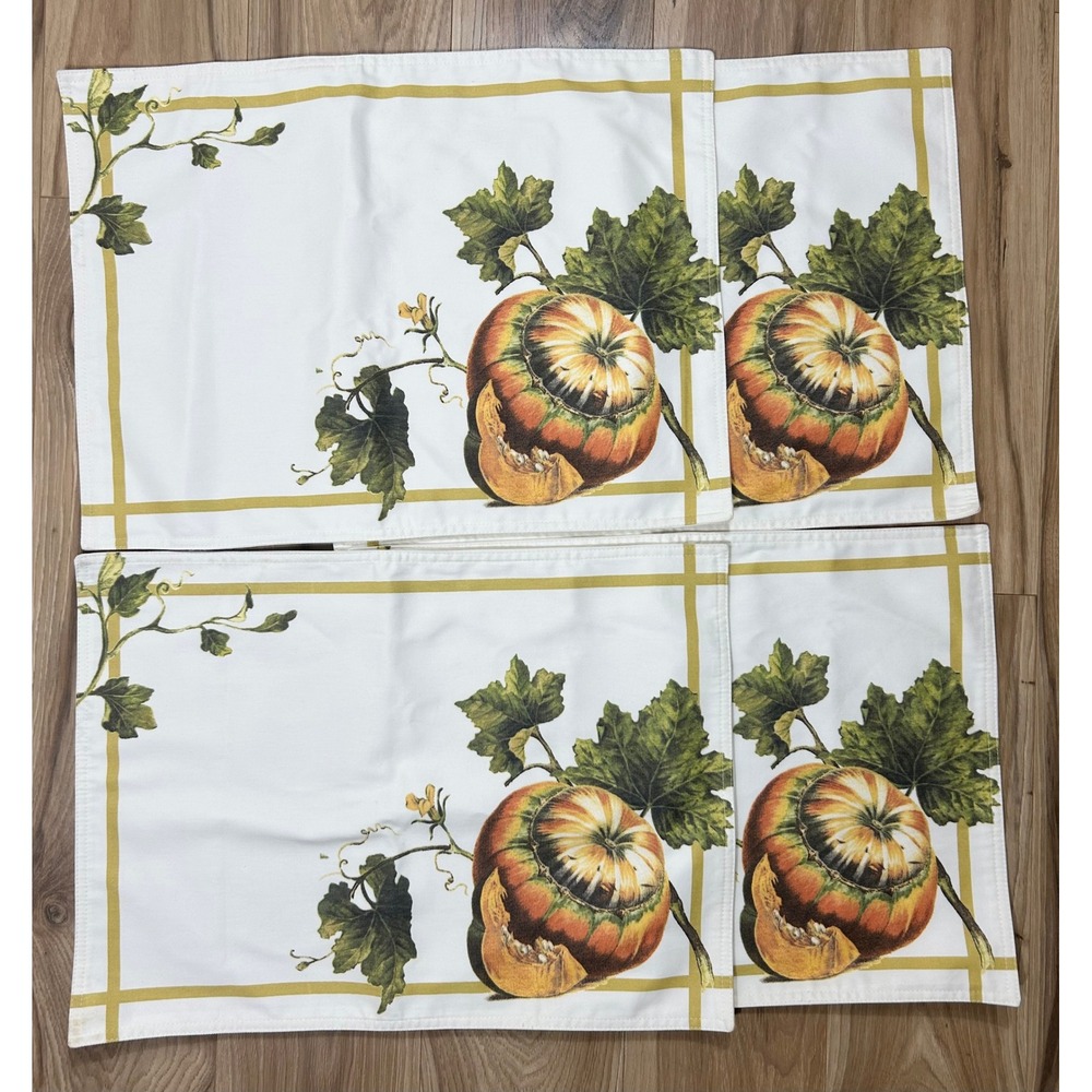Williams Sonoma Placemats Set/4 White Botanical Pumpkin Harvest Autumn Cotton